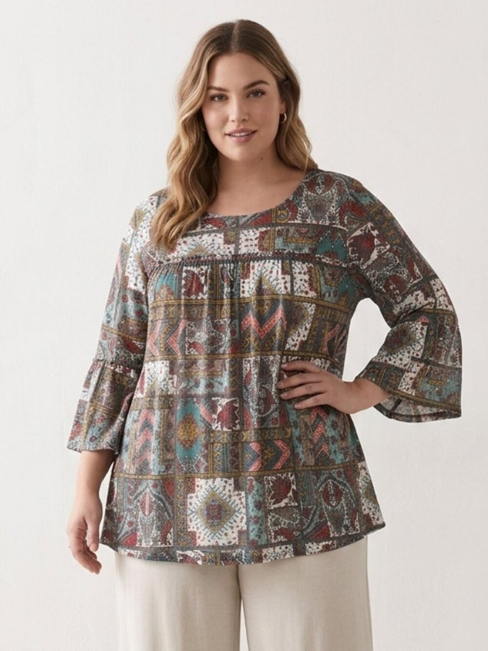 Bobbie Brooks Blouse Blue Floral Patchwork Mesh 3X